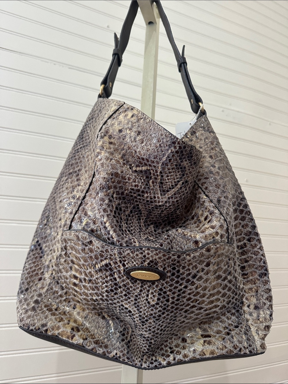 Tahari Snakeskin-Pattern Shoulder Bag in Brown and Tan purse hobo